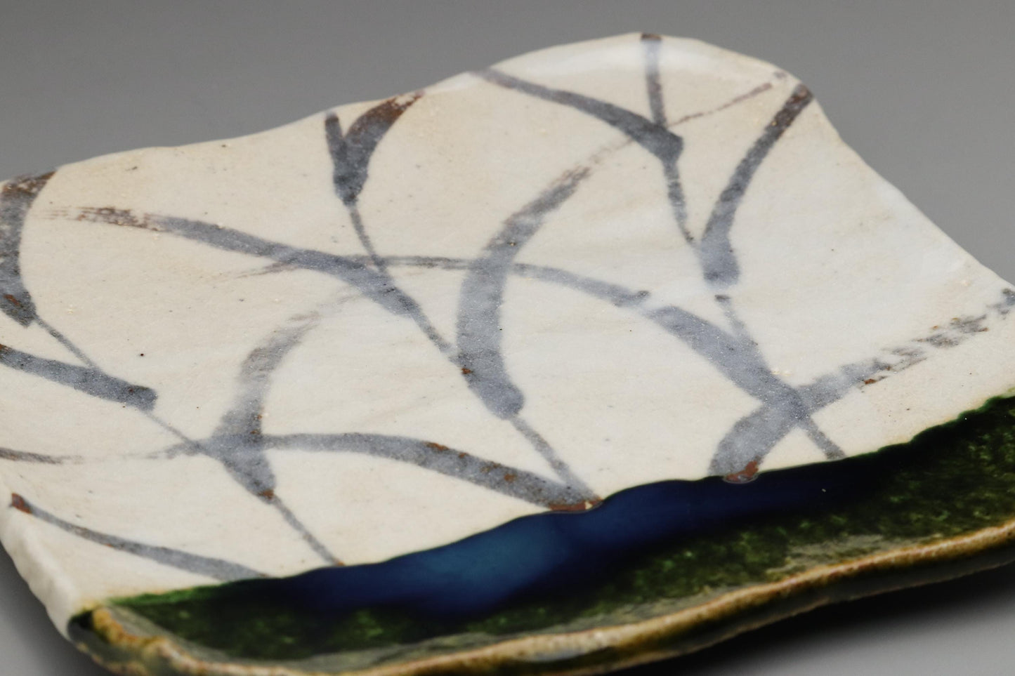 Japanese Mino Ware Plate, Handcrafted Ceramic Dish, Wabi-Sabi Aesthetics, Kusamon Glaze, Authentic Japanese Pottery, Blue & Green Glaze Art