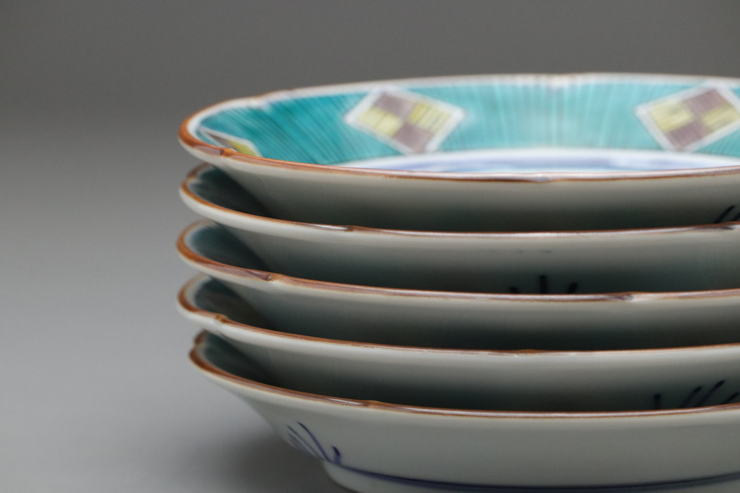 Kutani Kasyo | Japanese Porcelain Set of 5 Plates | Hand Painted Blue Green | Vintage Kutani Ware | Wooden Gift Box | Small Appetizer Dishes