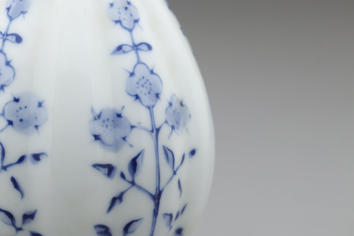 Japanese Sake Set | Arita Ware Kanzan | Blue and White Porcelain | Hand Painted Floral | Fluted Tokkurri Carafe and Ochoko Cup | Japan Arts