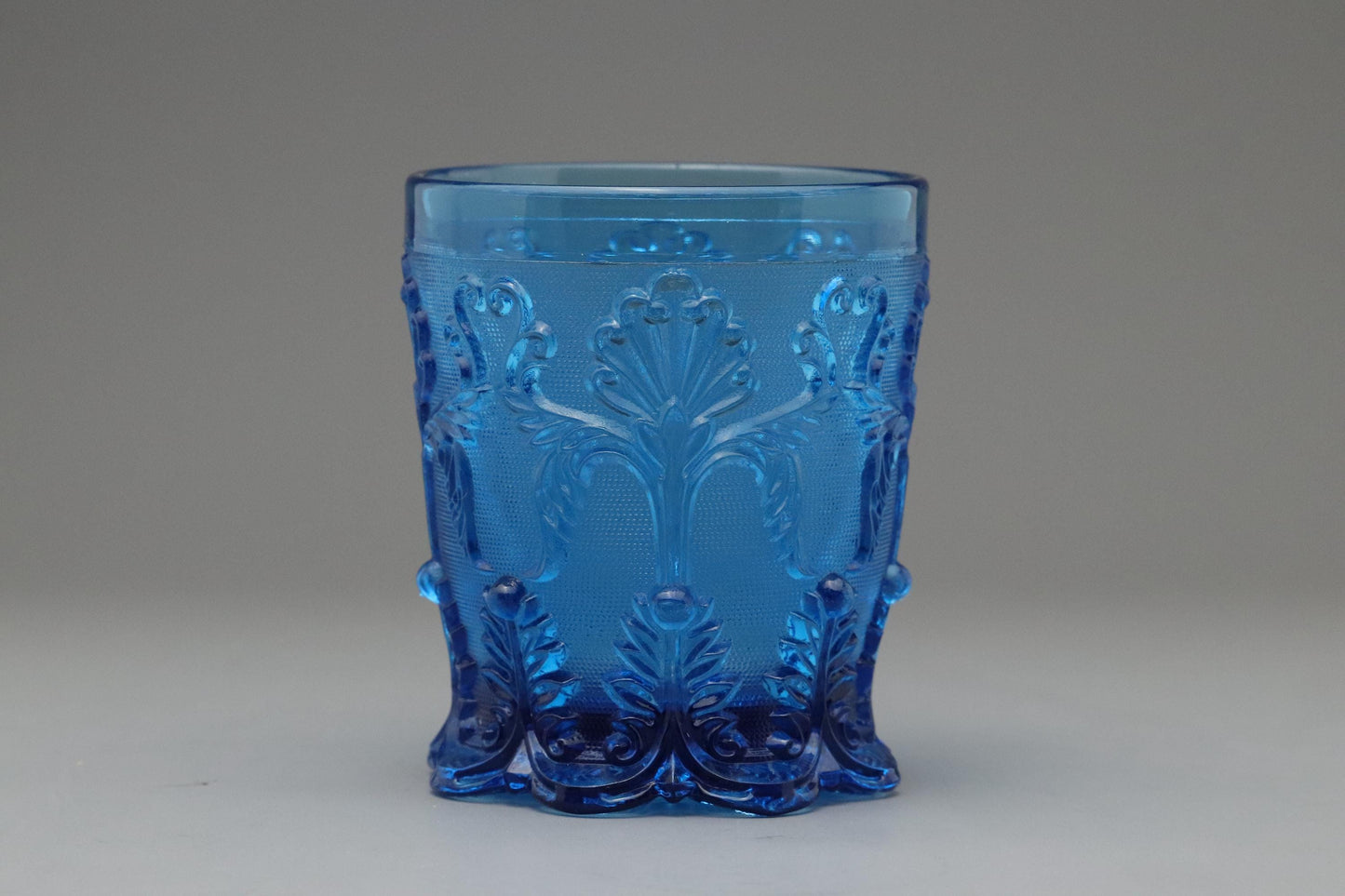 Vintage Style Blue Pressed Glass Tumblers Set of 2 – Baroque Shell Scroll Pattern – Art Deco Drinking Glasses – Retro Boho Glassware Japan