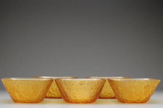 Amber Textured Glass Bowls Set of 5 – Japanese Art Glass, Handmade Frosted Finish, Mid Century Modern Dessert or Snack Dishes