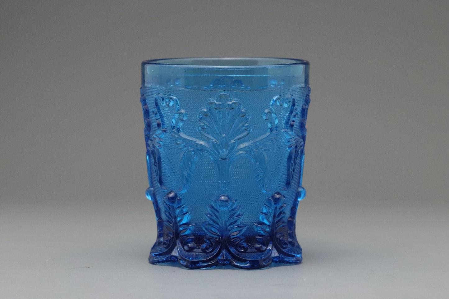 Vintage Style Blue Pressed Glass Tumblers Set of 2 – Baroque Shell Scroll Pattern – Art Deco Drinking Glasses – Retro Boho Glassware Japan