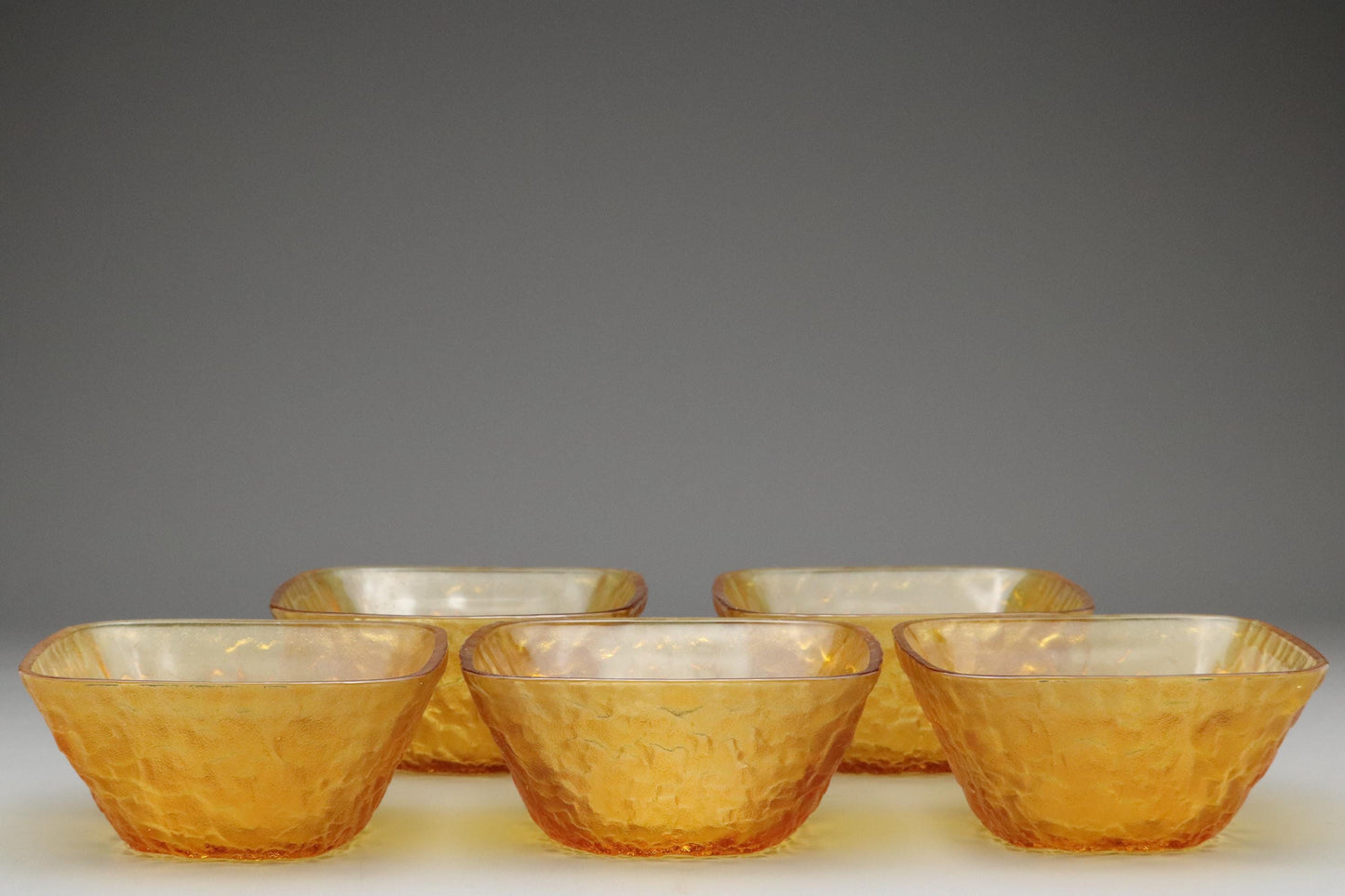 Amber Textured Glass Bowls Set of 5 – Japanese Art Glass, Handmade Frosted Finish, Mid Century Modern Dessert or Snack Dishes