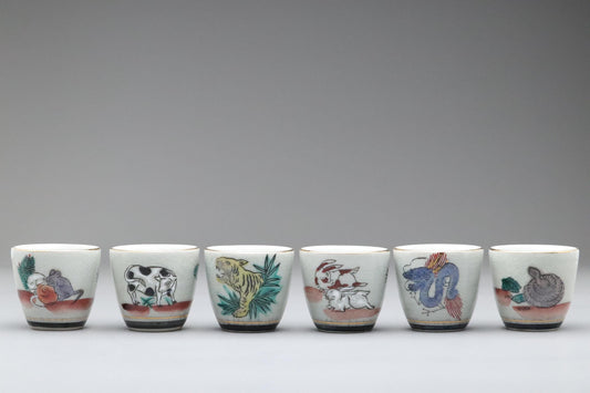 Japanese Kutani Sake Cups Set of 12 Zodiac Signs – Hand-Painted Vintage Ochoko Shot Glasses – Oriental Pottery from Japan