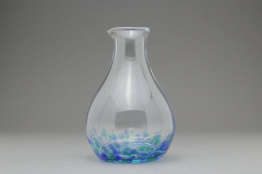 Handblown Glass Sake Carafe – Japanese Tokkuri with Blue and Green Bubble Pattern – Clear Glass Decanter for Cold Sake Table Decor