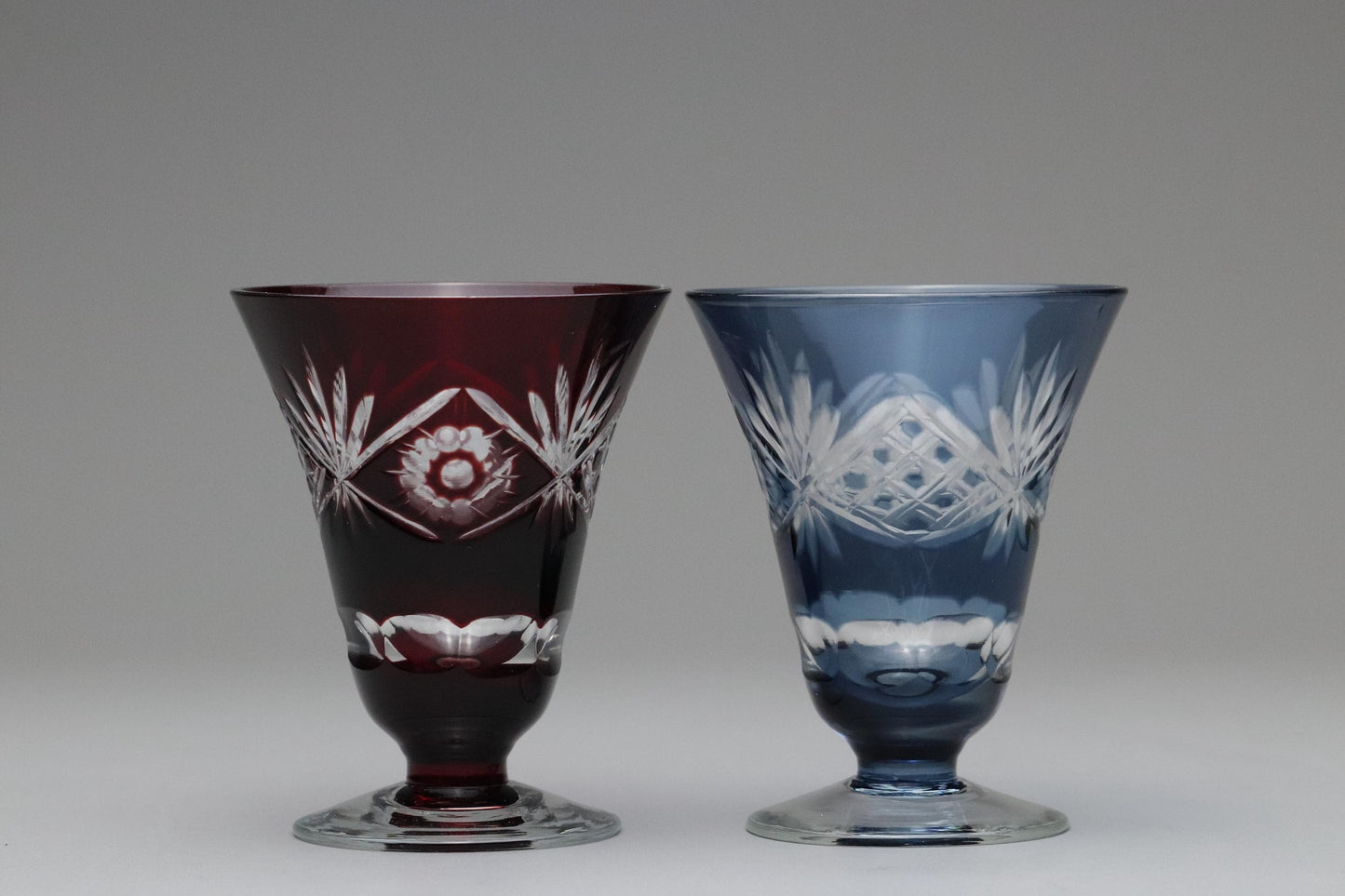 Japanese Cut Glass Goblets in Red and Blue – Edo-style Traditional Pattern Glassware – Elegant Drinkware for Whisky, Sake or Cocktails
