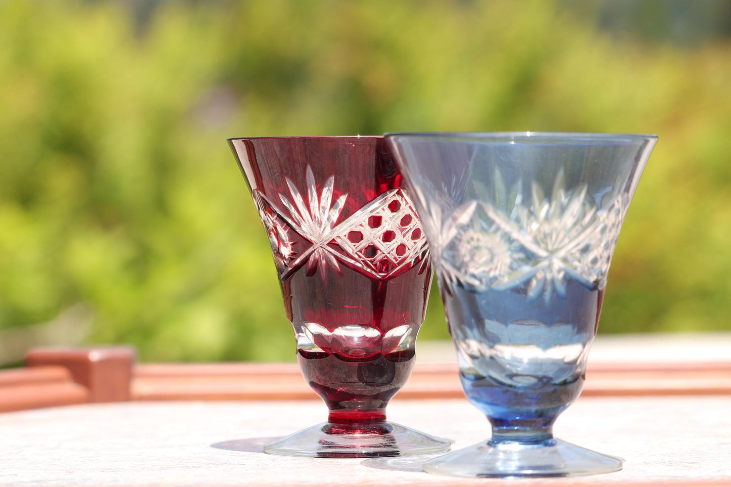 Japanese Cut Glass Goblets in Red and Blue – Edo-style Traditional Pattern Glassware – Elegant Drinkware for Whisky, Sake or Cocktails