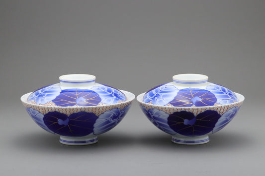 KORANSHA Hand-Painted Couple's Rice Bowl Set | Authentic Japanese Arita Ware Bowl with Lid | Blue and White Porcelain Chrysanthemum Art Gift
