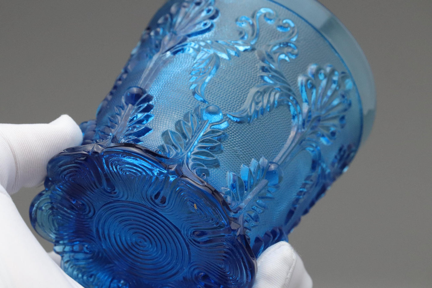 Vintage Style Blue Pressed Glass Tumblers Set of 2 – Baroque Shell Scroll Pattern – Art Deco Drinking Glasses – Retro Boho Glassware Japan