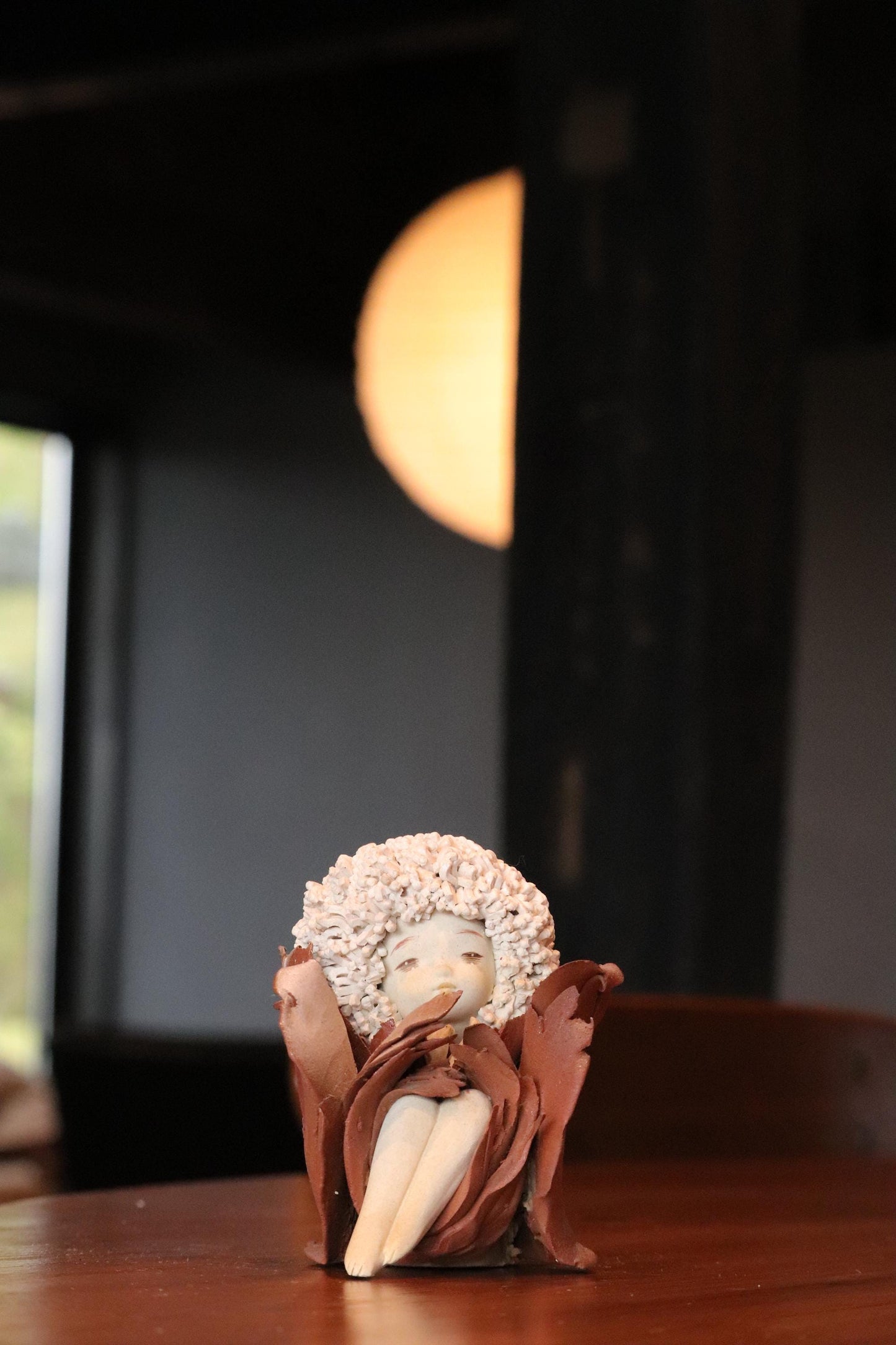 Ceramic Art Doll by Shoko Takeuchi Handcrafted Figurine With Curly Hair in Abstract Floral Form for Artistic Display or Interior Decoration