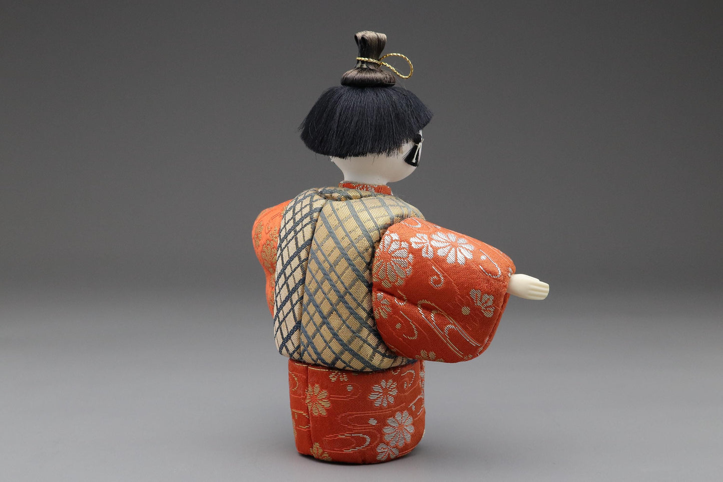 Japanese Kimekomi Boy Doll in Red Floral Kimono With Gold Check Vest – Handmade Traditional Figurine for Home Display or Cultural Art Decor