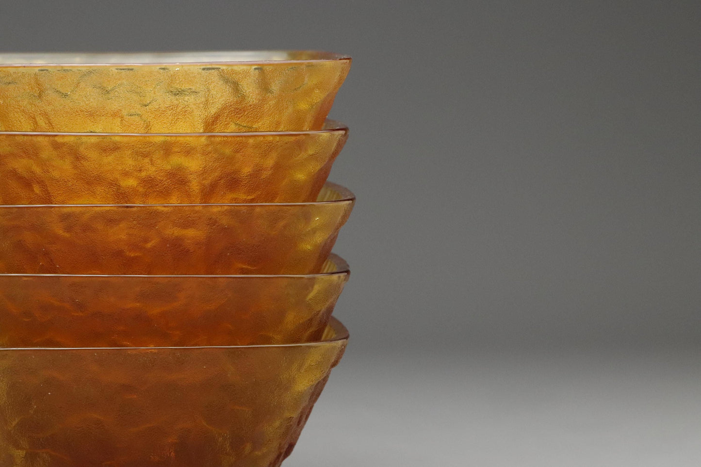Amber Textured Glass Bowls Set of 5 – Japanese Art Glass, Handmade Frosted Finish, Mid Century Modern Dessert or Snack Dishes