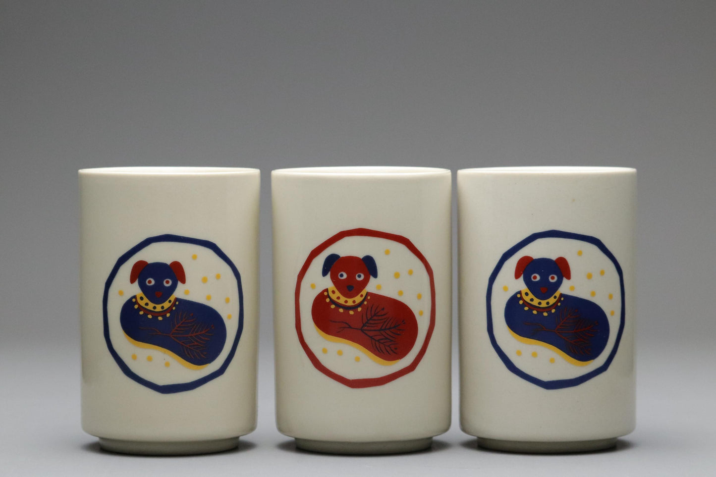 Lucky Dog Year of the Dog Japanese Yunomi Tea Cups Set of 3 by Tachikichi | Vintage Japanese Porcelain Tea Ceremony Collectibles