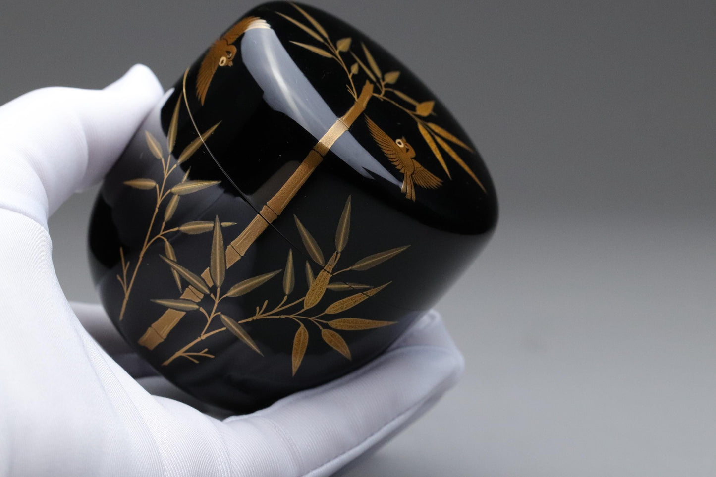 Authentic Wajima-nuri Natsume Tea Caddy Bamboo & Sparrow Makie Decor | Handmade Japanese Lacquerware for Matcha Tea Ceremony Artful Gift