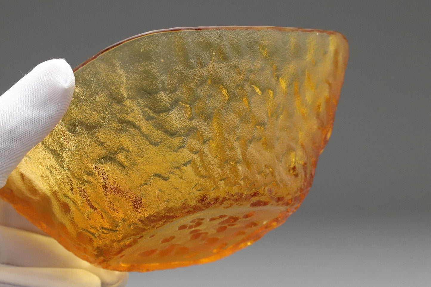 Amber Textured Glass Bowls Set of 5 – Japanese Art Glass, Handmade Frosted Finish, Mid Century Modern Dessert or Snack Dishes