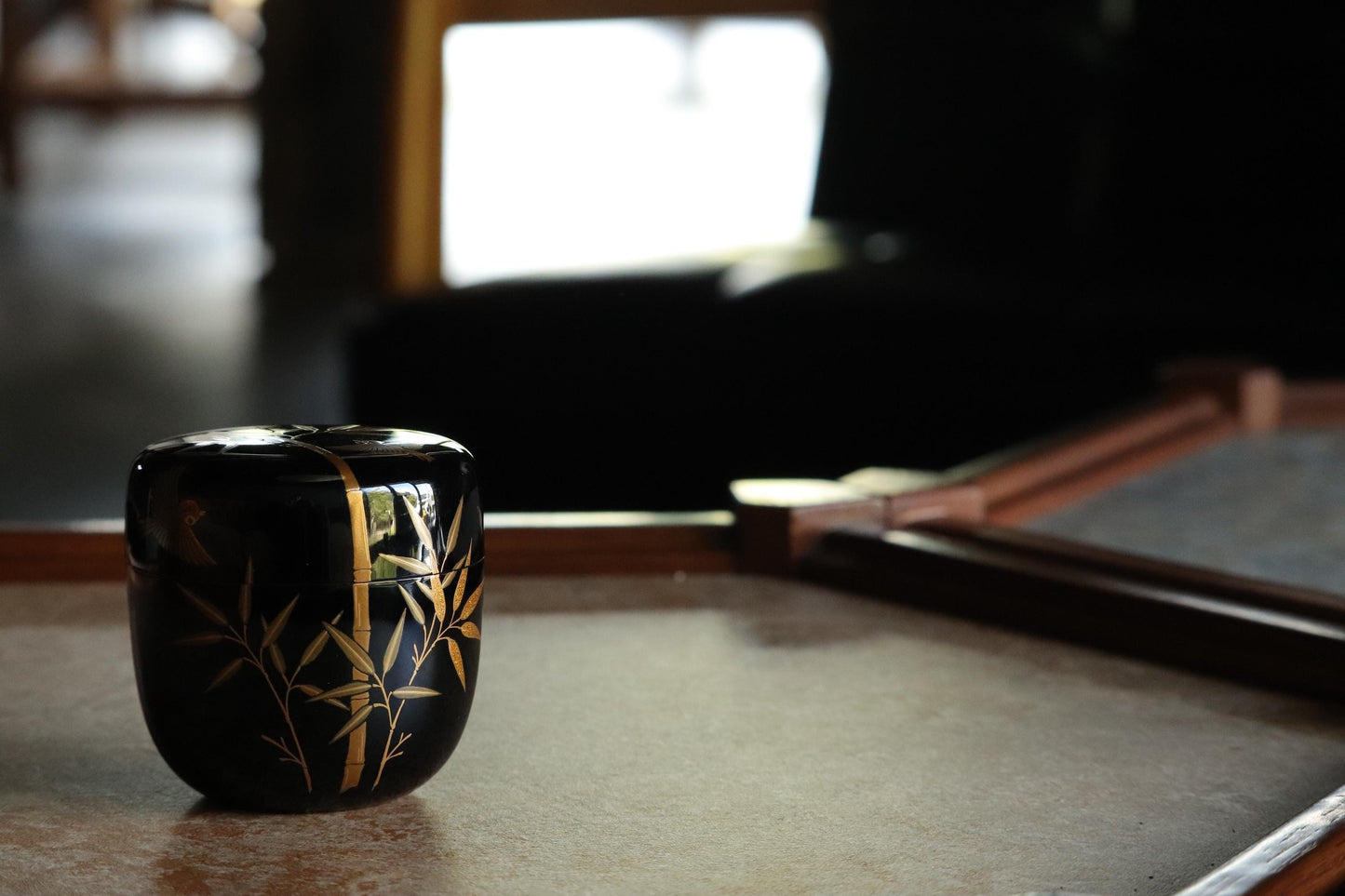 Authentic Wajima-nuri Natsume Tea Caddy Bamboo & Sparrow Makie Decor | Handmade Japanese Lacquerware for Matcha Tea Ceremony Artful Gift