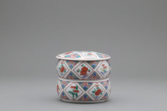 Japanese Porcelain Lidded Container Set – Two-Tier Box with Colorful Floral and Bamboo Pattern – Kutani Style Hand-Painted Trinket Dish