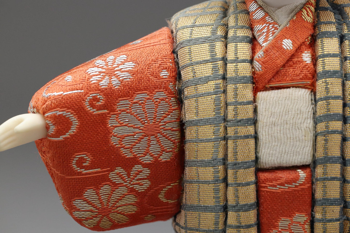 Japanese Kimekomi Boy Doll in Red Floral Kimono With Gold Check Vest – Handmade Traditional Figurine for Home Display or Cultural Art Decor