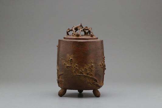 Japanese Bronze Incense Burner by Sanji Studio, Takaoka Copperware Art, Miyoshi Gaei, Traditional Koro, Ume Tree Relief & Unique Artful Gift