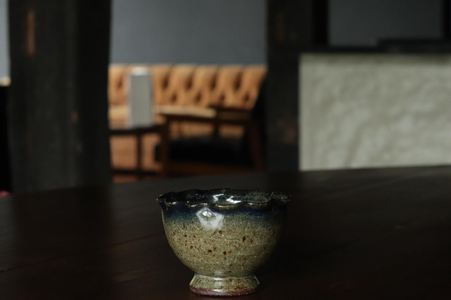 Vintage Japanese Mino Ware Tea Bowl – Handmade by Bishin Gama – Wavy Rim, Natural Glaze, Rustic Studio Pottery – Wabi Sabi Aesthetic