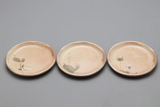 Japanese Hagi Ware Plates Set of 3 | Handpainted Wildflower Small Dishes | Ichiyansei Saito Sachiko | Meimeizara Wooden Box Tomobako Japan