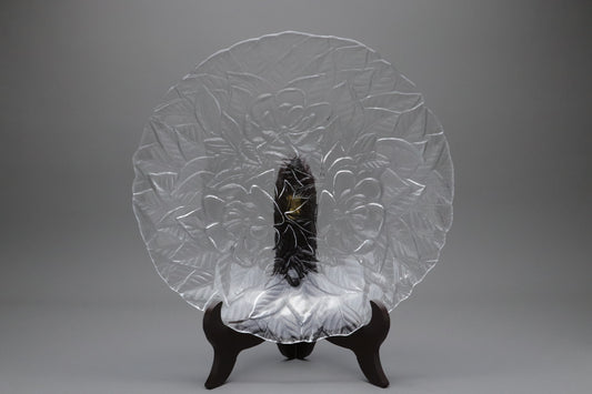 Vintage Kamei Glass Plate | Japanese Camellia Floral Large Platter | Textured Clear Crystal Serving Bowl | Embossed Leaf Art Dish 30cm Sizes