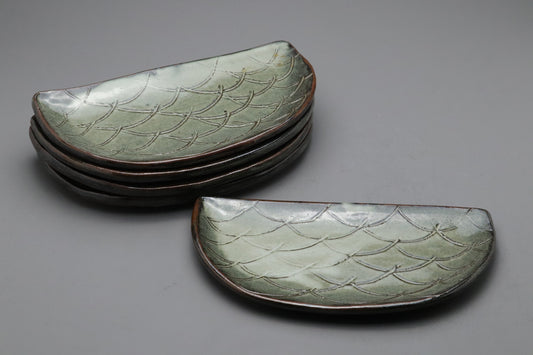Vintage Japanese Pottery Set of 5 | Half Moon Crescent Plates | Green Glaze Wave Scale Pattern | Artisan Sushi Dessert Dishes Handmade 20cms