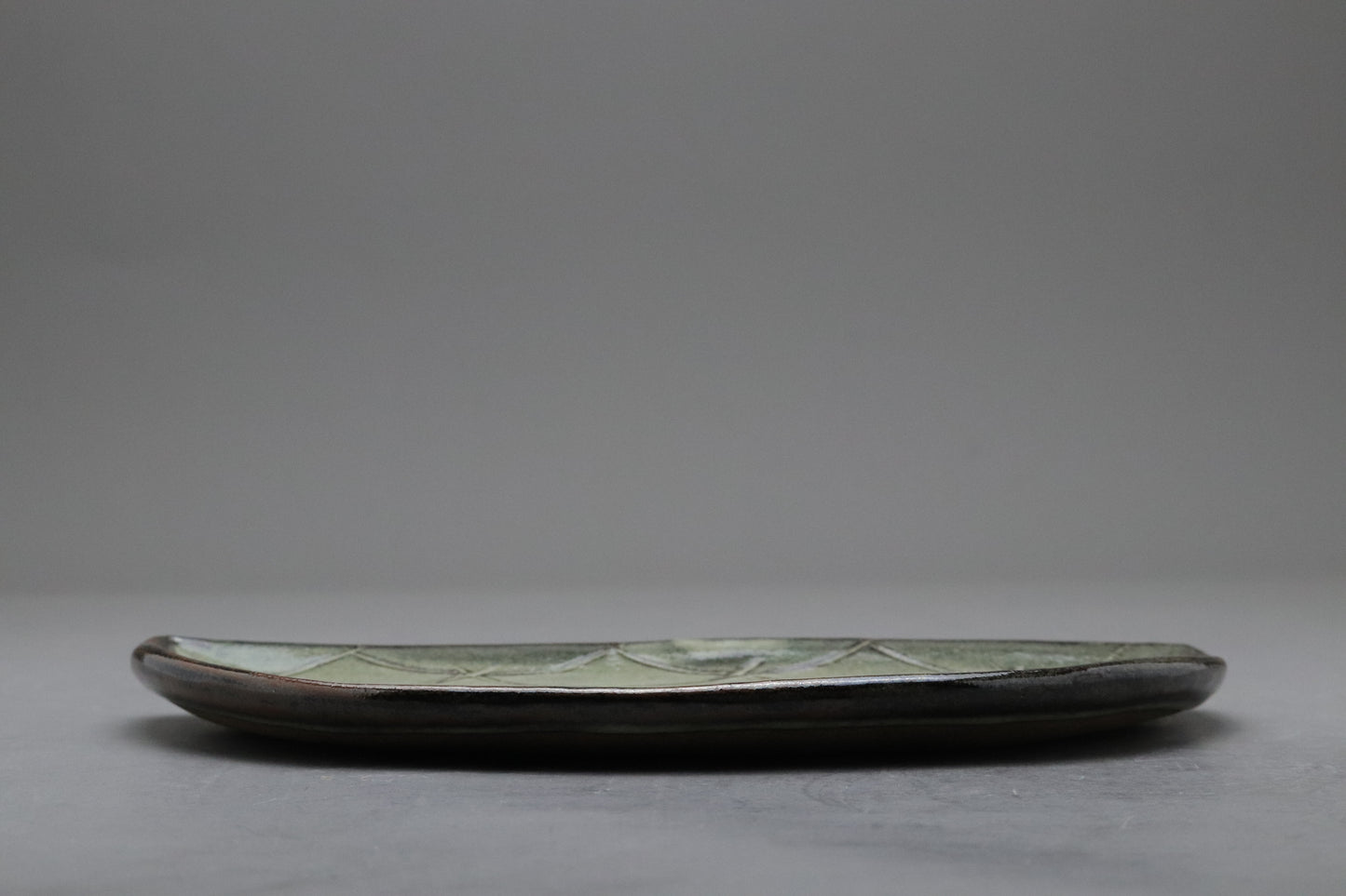 Vintage Japanese Pottery Set of 5 | Half Moon Crescent Plates | Green Glaze Wave Scale Pattern | Artisan Sushi Dessert Dishes Handmade 20cms
