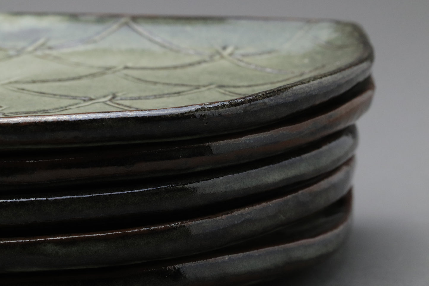Vintage Japanese Pottery Set of 5 | Half Moon Crescent Plates | Green Glaze Wave Scale Pattern | Artisan Sushi Dessert Dishes Handmade 20cms