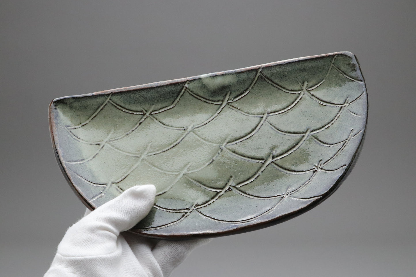 Vintage Japanese Pottery Set of 5 | Half Moon Crescent Plates | Green Glaze Wave Scale Pattern | Artisan Sushi Dessert Dishes Handmade 20cms