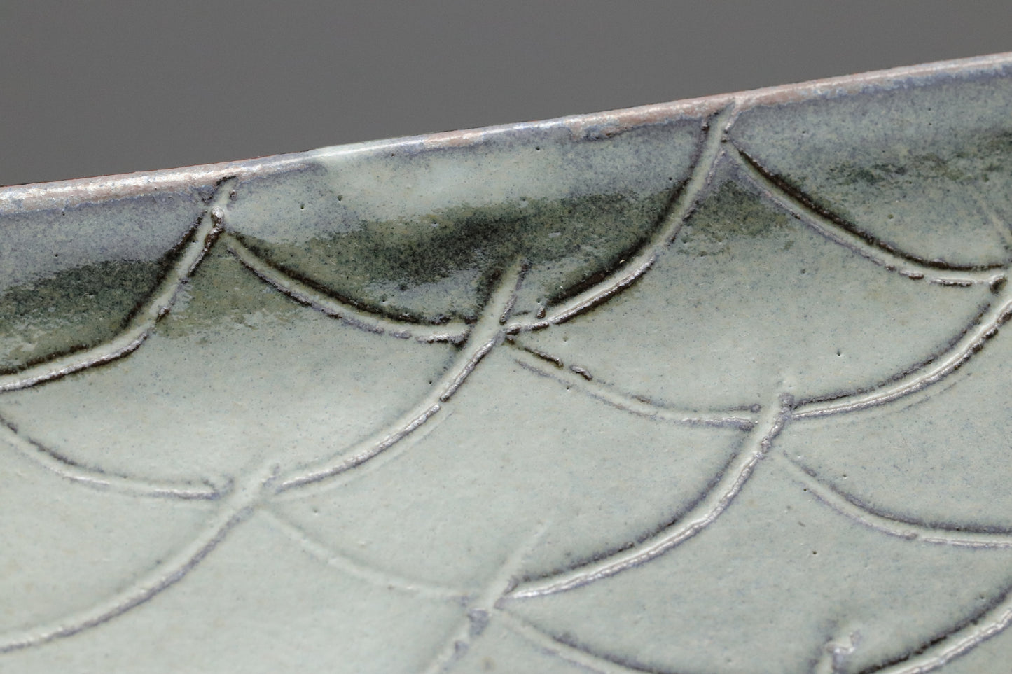 Vintage Japanese Pottery Set of 5 | Half Moon Crescent Plates | Green Glaze Wave Scale Pattern | Artisan Sushi Dessert Dishes Handmade 20cms