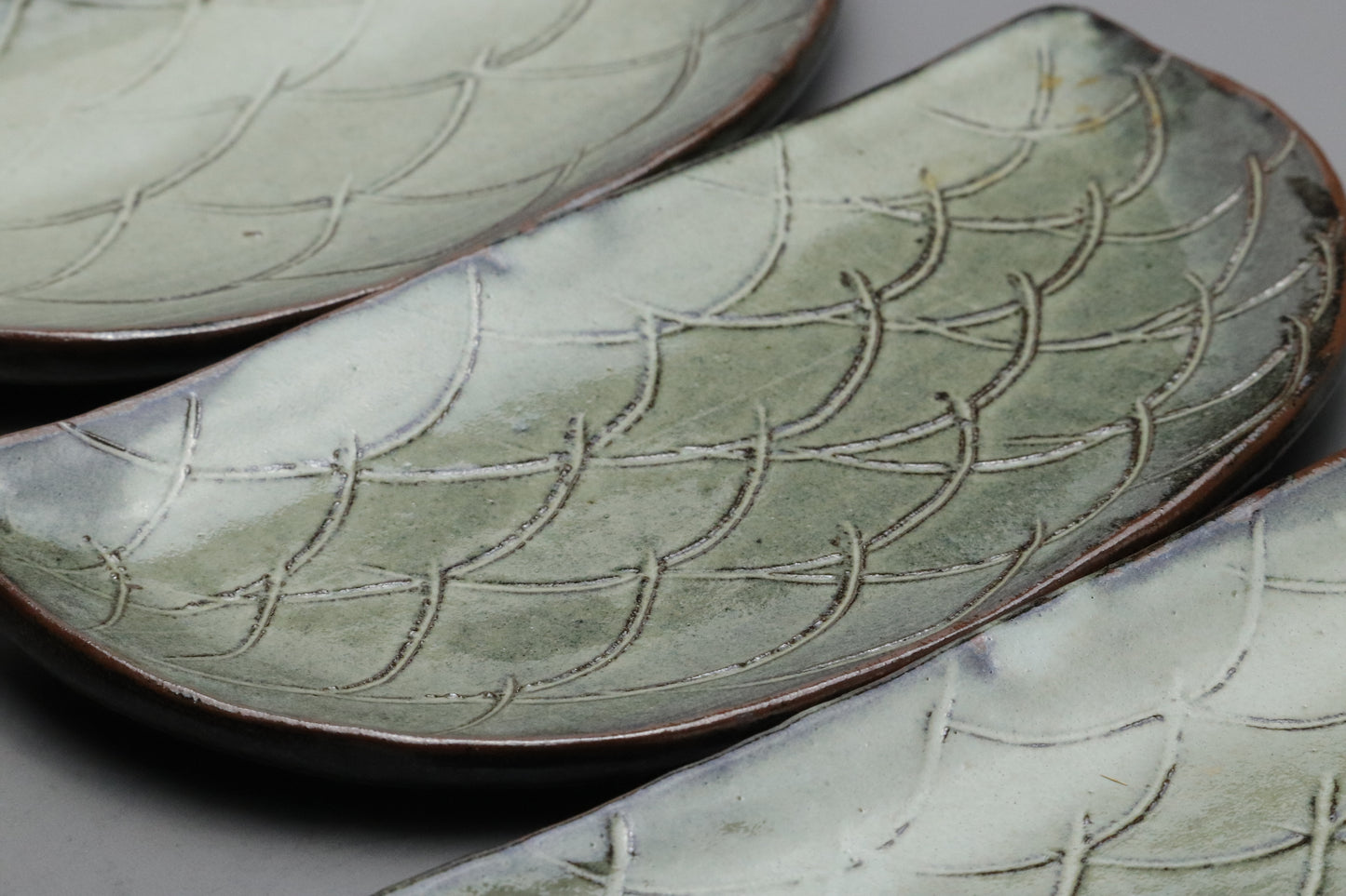 Vintage Japanese Pottery Set of 5 | Half Moon Crescent Plates | Green Glaze Wave Scale Pattern | Artisan Sushi Dessert Dishes Handmade 20cms