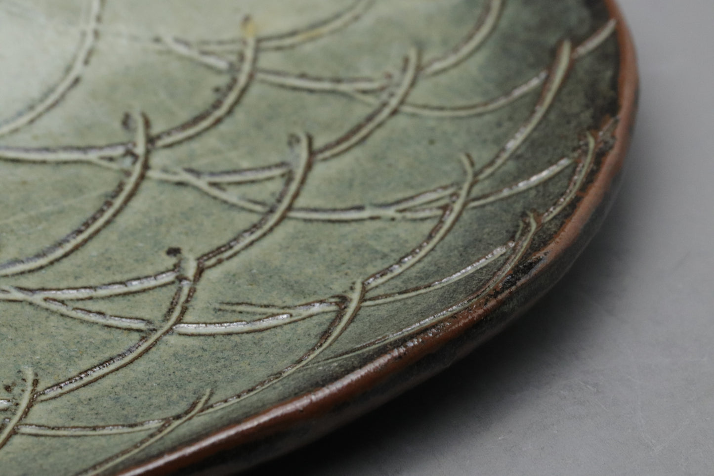Vintage Japanese Pottery Set of 5 | Half Moon Crescent Plates | Green Glaze Wave Scale Pattern | Artisan Sushi Dessert Dishes Handmade 20cms