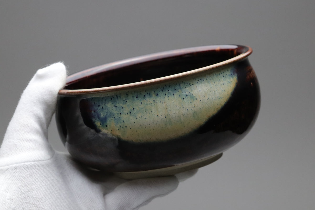 Vintage Japanese Pottery Kensui Bowl | Tea Ceremony Waste Water Basin | Tenmoku Brown Blue Glaze | Wabi Sabi Artisan Matcha Tool 14cm Spaces