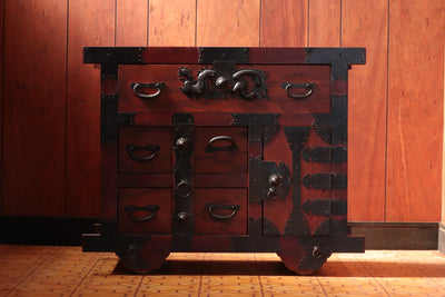 Antique Japanese Tansu Chest | Wood Cabinet | Dragon Hardware | Secret Mingei | Vintage Wheel Storage | Asian Furniture | Home Decor | Arts
