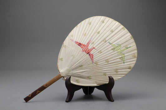 Vintage Japanese Uchiwa Fan | Origami Paper Crane | Bamboo Washi Hand Fan | Clover Pattern | Traditional Asian Wall Decor | Summer Art Craft