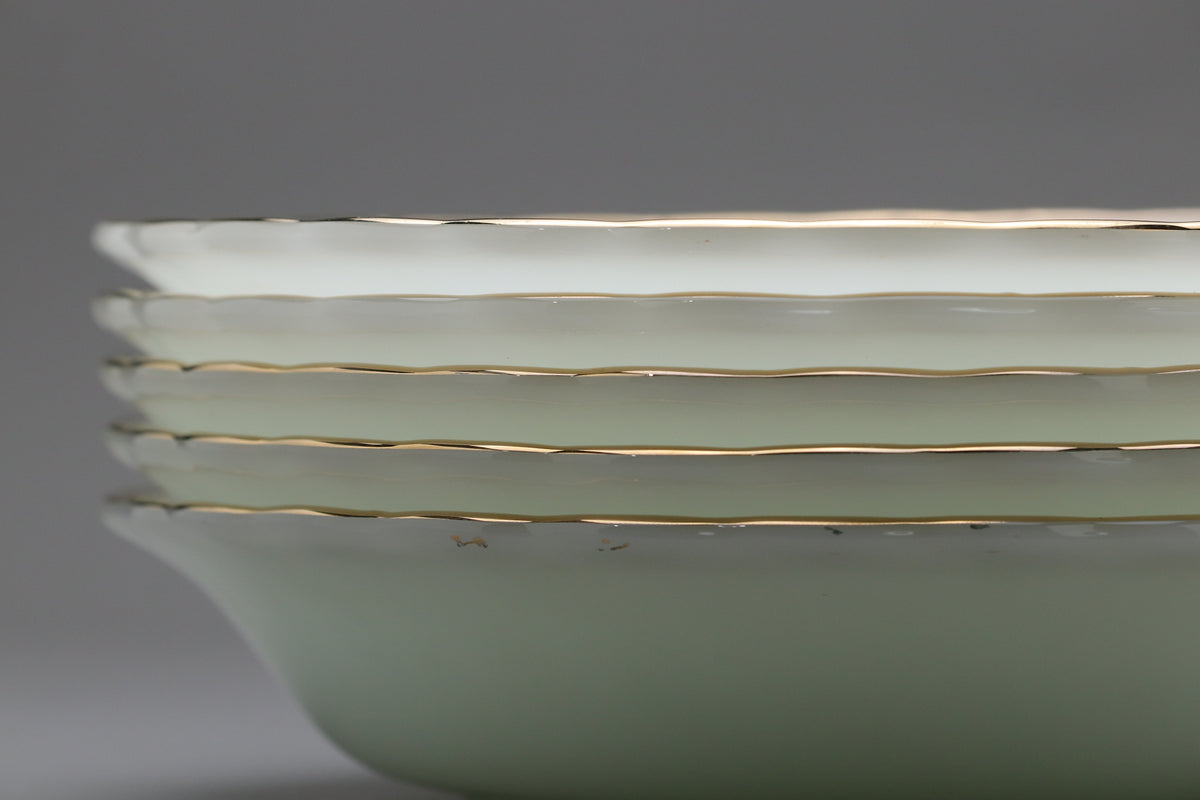 Vintage Anchor Hocking Milk Glass Soup Bowls | Set of 5 Gold Rim Swirl Deep Plates | MidCentury White Dinnerware | Retro Salad Bowls | Serve