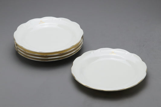 Vintage Jun Ashida Porcelain Cake Plates | Set of 5 White Gold Rim Dessert Dishes | Japanese Designer Tableware | Retro Pastry ServerArtsSet