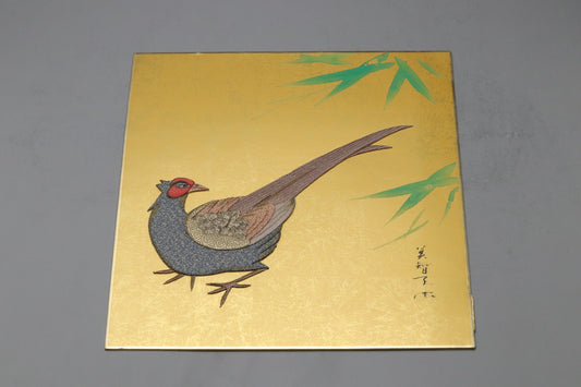 Japanese Oshie Fabric Art Shikishi | Pheasant Bamboo Gold Leaf 3D Panel | Handmade by Master Mitchiko | Traditional Vintage Wall Decor Arts