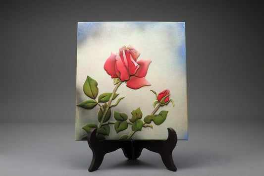 Japanese Oshie Fabric Art Shikishi | Red Rose Flower 3D Panel | Handmade by Master Mitchiko | Traditional Vintage Asian Wall Decor ArtsWorks