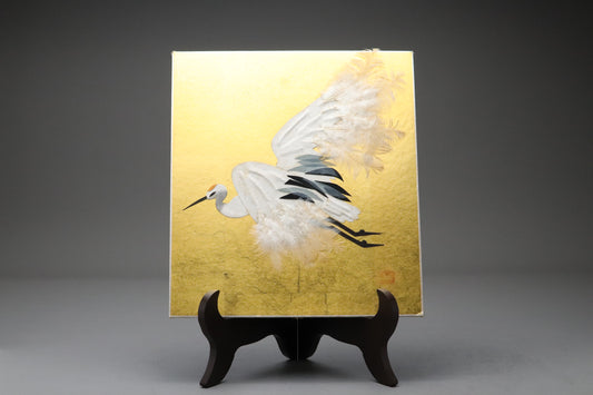 Japanese Oshie Fabric Art Shikishi | Crane Feather Gold Leaf 3D Panel | Handmade by Master Mitchiko | Traditional Vintage Wall Decor ArtsWorks