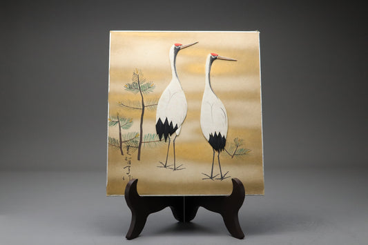 Japanese Oshie Fabric Art Shikishi | Crane Feather Gold Leaf 3D Panel | Handmade by Master Mitchiko | Traditional Vintage Wall Decor ArtsWorks