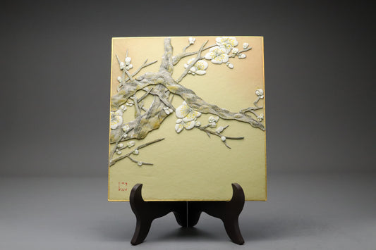 Japanese Oshie Fabric Art Shikishi | White Plum Blossom 3D Panel | Handmade by Master Mitchiko | Traditional Vintage Wall Decoration Crafts