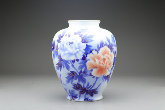 Arita Ware Vintage Japanese Fukagawa Porcelain Blue White Peony Floral Vase Gold Trim Hand Painted Orange Pink Pottery Asian Ceramic Elegant