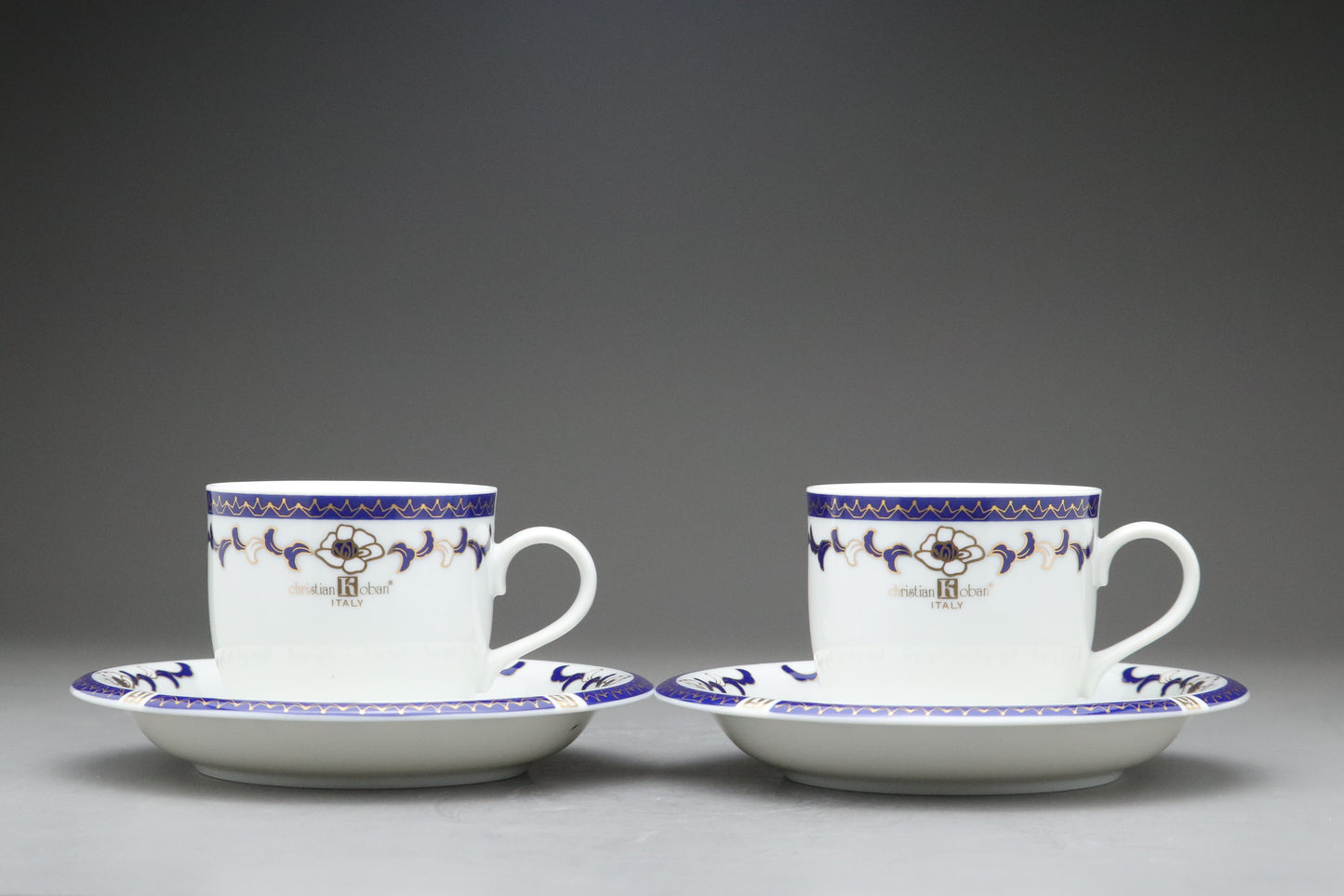Christian Koban Italy | Tea Cup and Saucer Set of 2 | Navy Blue and Gold | Vintage Italian Porcelain | Floral Coffee Mug | Wedding Gift Idea