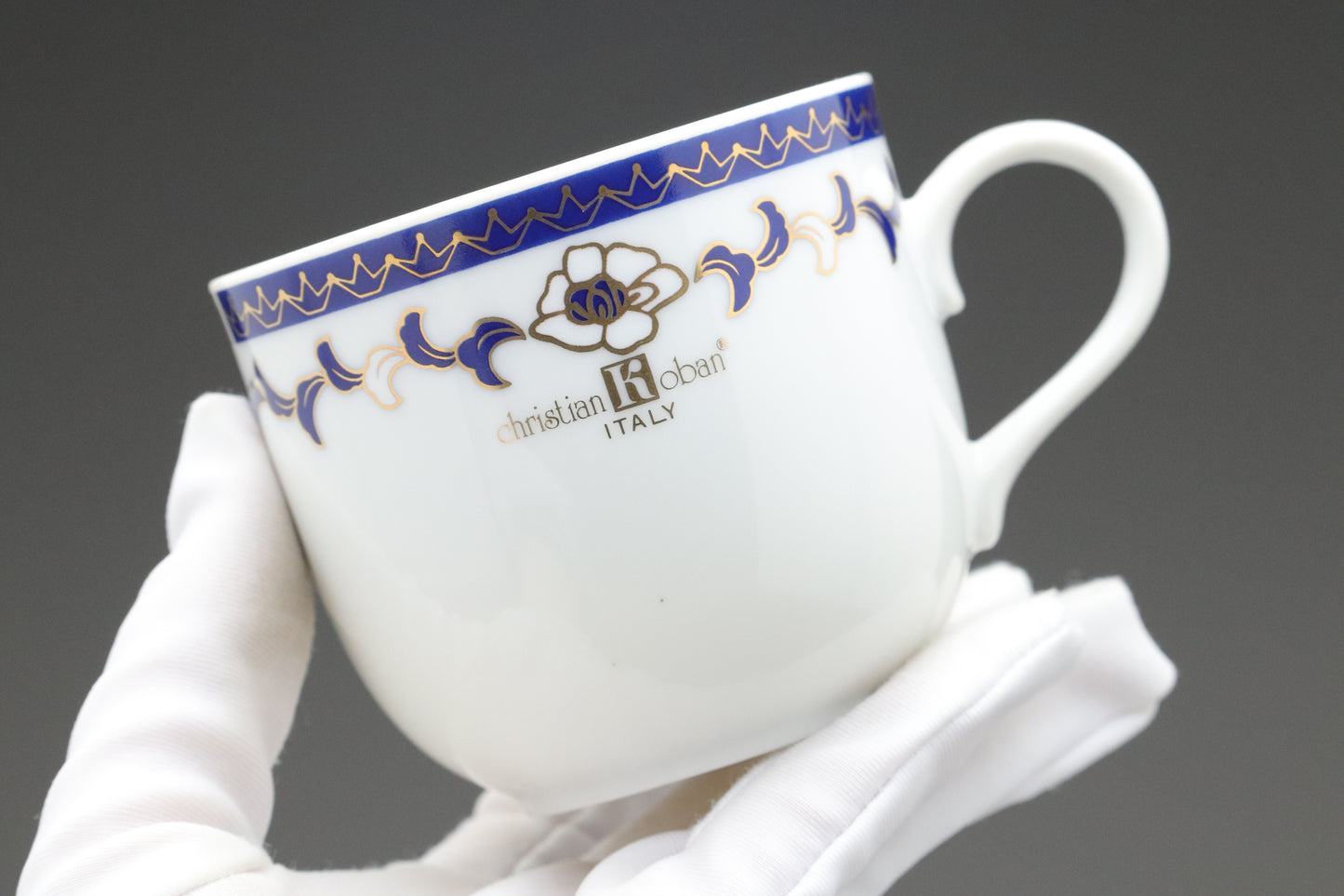 Christian Koban Italy | Tea Cup and Saucer Set of 2 | Navy Blue and Gold | Vintage Italian Porcelain | Floral Coffee Mug | Wedding Gift Idea