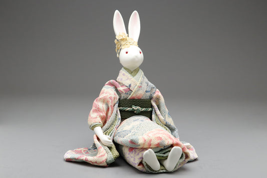 Japanese Bunny Music Box | Kimono Rabbit Doll | Porcelain Figurine | Hand Painted Ceramic | Vintage Style Home Decor | White Rabbit Art Gift