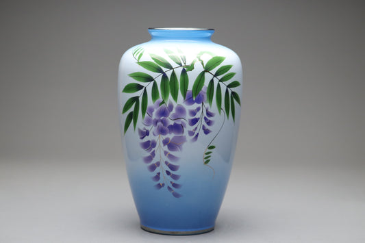 Vintage Japanese Kokusui Vase | Cloisonne Shippo Yaki | Purple Wisteria Flower | Gold Trim | Blue Gradient | Asian Decor | Japanese Art Gift