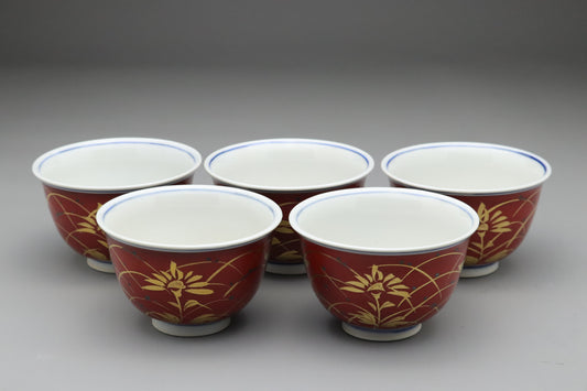 Kutani Kinzan Japanese Tea Cups Set of 5 | Vintage Red and Gold Porcelain Yunomi | Gold Chrysanthemum | Japanese Zen Decor | Tea Lover Gift