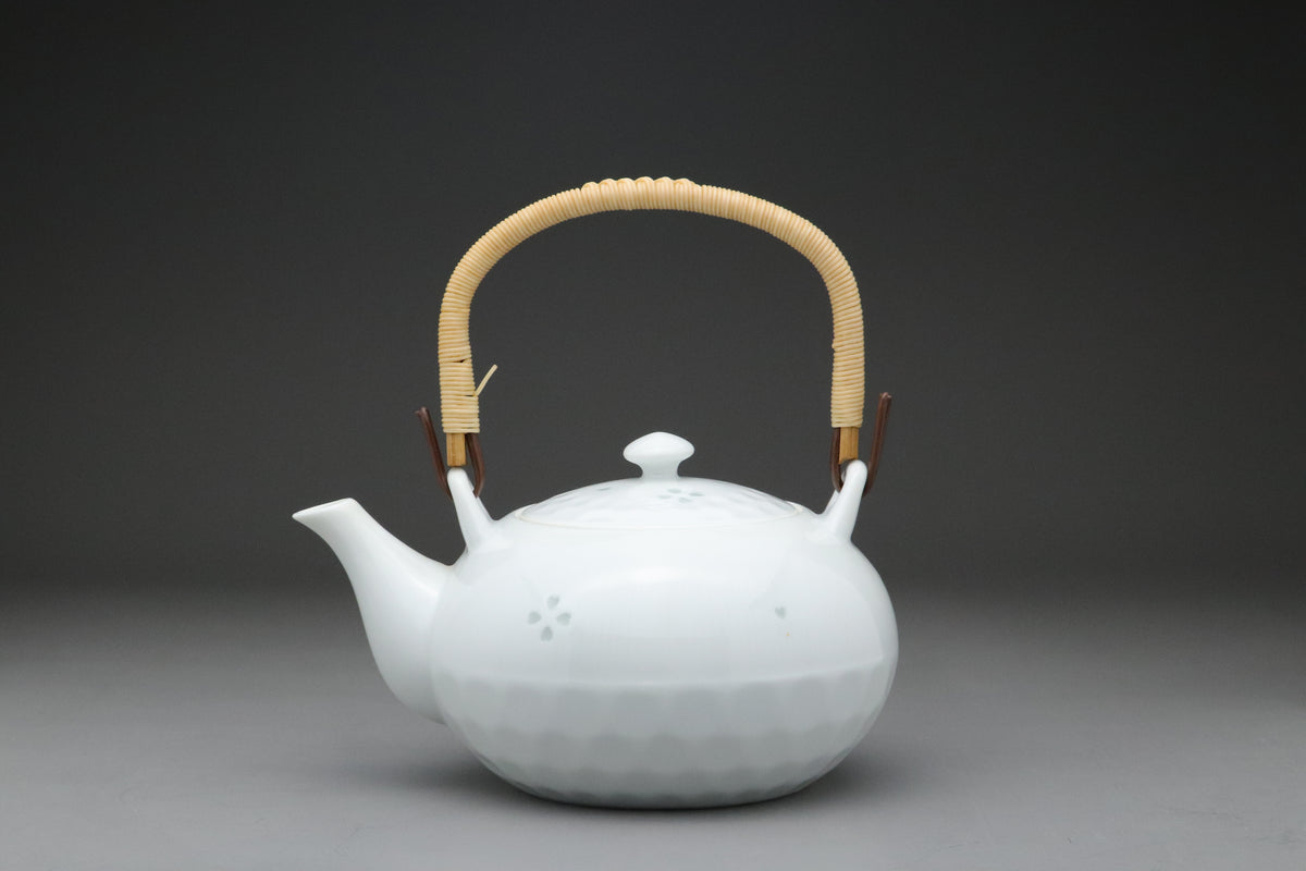 Japanese Porcelain Teapot | White Tea Kettle with Rattan Handle | Sakura Flower Pattern Teaware | Elegant Oriental Home Tableware Items Sets